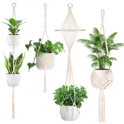 Produktbild von 4-teiliges Makramee-Pflanzenampel-Set für drinnen, Boho-Dekoration, Makramee-Wandpflanzgefäß, Hängeblumentopf, Boho-Zimmerdekoration, Blumentopf für Garten, Balkon, Wanddekoration