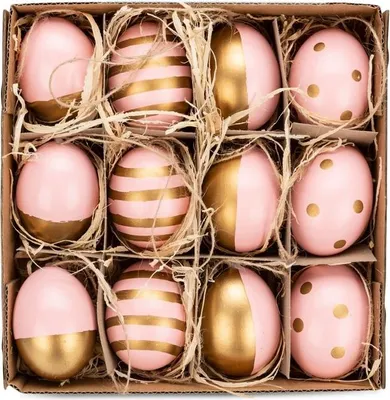 Produktbild von Hühnereier, bemalt, 12 Stück, mit Hänger, in vielen Farben & mit verschiedenen Motiven erhältlich | Deko-Ostereier, Farbe:Rosa-Gold