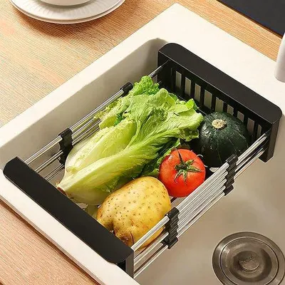 Produktbild von Unyqoos® Ausziehbares Abtropfgestell 26 x 22,5 x 9 cm (ausziehbar bis 46,5 cm) – Edelstahl Abtropfkorb für Spüle & Arbeitsplatte, Besteck- und Obstablage, Schwarz