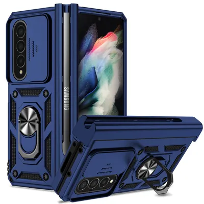 Immagine prodotto di Custodia per Samsung Galaxy Z Fold 4 5G a doppio strato con copertura scorrevole della fotocamera e supporto ad anello blu