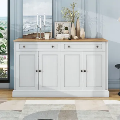 Immagine prodotto di okwish Grande mobile da cucina con 4 ante e 2 cassetti, moderno mobile buffet per sala da pranzo e soggiorno, 150 x 40 x 86 cm (L/A) Bianco + Naturale