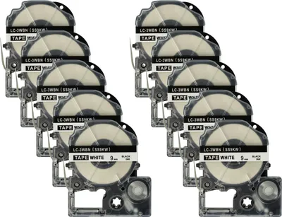Produktbild von vhbw 10x Schriftband-Kassette kompatibel mit KingJim SR530, SR550, SR3900C, SR530C, SR3900P, SR6700D, SR40 Etiketten-Drucker 8m x 9mm Schwarz auf Weiß