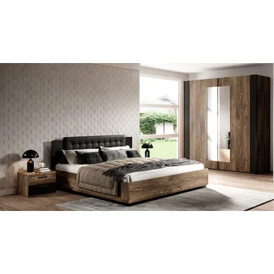 Produktbild von Bett mit Lattenrost, Liegefläche 180 x 200 cm und Kleiderschrank SOLMS-83 in Flagstaf Eiche dunkel Nb. und silber, kombiniert mit schwarz