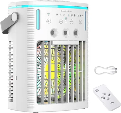 Produktbild von Tragbarer Luftkühler – Mini-Klimagerät mit 3 Gebläsestufen, 3 Sprühnebel-Einstellungen, 7-Farben-Beleuchtung, 1000-ml-Wassertank, 2–8-Stunden-Timer und Fernbedienung für den Heimgebrauch