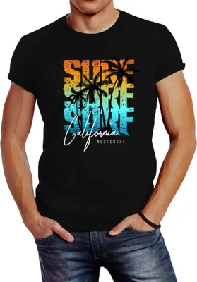 Produktbild von Herren T-Shirt Sommer Surf California Palmen Slim Fit Neverless® schwarz-türkis XS