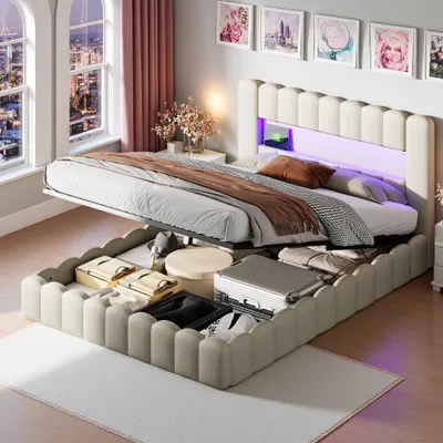 Produktbild von INONEFT Polsterbett 180x200cm mit USB und LED Stauraum Kopfteil, Bubble-Bett, Doppelbett, hydraulisches Stauraumbett mit Lattenrost, Jugendbett, Beige