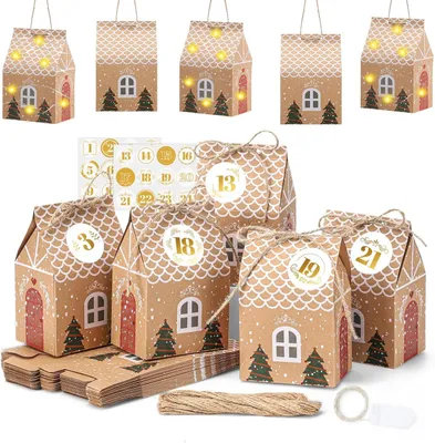 Produktbild von DIY-Adventskalender zum Befüllen - 24 Adventskalender - Häuschen mit Zahlenaufklebern - Lichterkette - Weihnachtskalender 2025 - Selbst gestalten