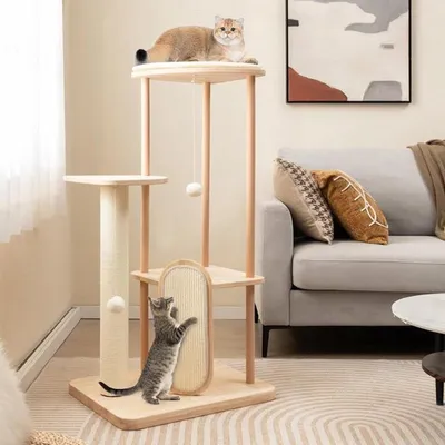 Imagen del producto de Árbol para gatos - 112 cm de altura - Poste rascador de madera con sisal - Beige - Para gatitos y gatos