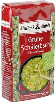 A package of Müller's Mühle Grüne Schälerbsen (green split peas).