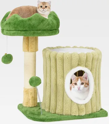 Produktbild von Kratzbaum Klein, Katzenbaum mit Plattform, Sisal-Kratzsäule, Katzenhöhle & 2 Bällen, Katzenkratzbaum Holz & Plüsch, Katzen Katzenmöbel Kletterbaum, Aktivitätsbaum Spielbaum, Grün