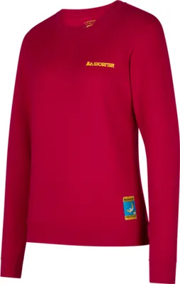 Roter Pullover 'Climbing on the Moon Sweatshirt W' von La Sportiva; mit gelbem Logo und seitlichem Etikett.
