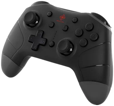 A black game controller is shown against a white background.