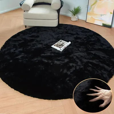 Produktbild von Runder Teppich 150 cm Schwarz Kunstfell Flauschig Waschbar