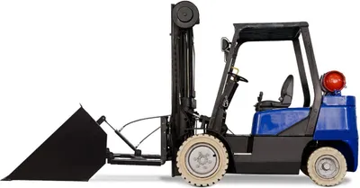 A blue and black forklift with a black bucket attachment is shown against a white background.