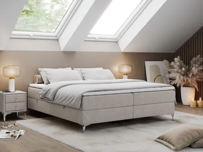 Obrázek produktu pro Boxspring bez čela LESS na vysokých nožičkách s úložným prostorem - 180x200 cm - Materace H3 | Béžová Strukturovaná látka - Topper T25