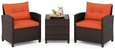 Produktbild von COSTWAY Gartenmöbel Set Polyrattan, 3-tlg. Balkonmöbel Set inkl. 2 Sessel, Kissen & Tisch mit gehärteter Glasplatte, wetterfeste Sitzgruppe 2 Personen