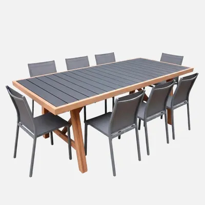 Produktbild von sweeek - Gartentisch aus Akazienholz und Aluminium + 8 Stühle - Anthrazit