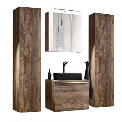 Produktbild von Badmöbel Set in Vintage Oak Eiche PUEBLA-56  Waschtischunterschrank mit Keramikbecken, LED-Spiegelschrank & 2 Hochschränke B/H/T 170/200/46 cm