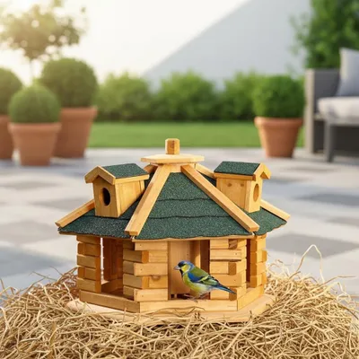 Produktbild von XXL 48 cm Vogelfutterhaus Vogelhäuschen Vogelhäuser Futterhaus Silo braun/grün