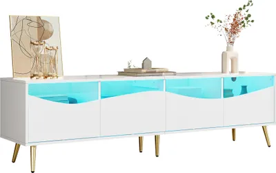 Produktbild von Moderner TV-Schrank 180 x 40 x 50 cm mit LED-Beleuchtung, weißem Korpus, goldenen Metallfüßen, Glasfront & Stauraum – stilvolles Lowboard für Wohnzimmer