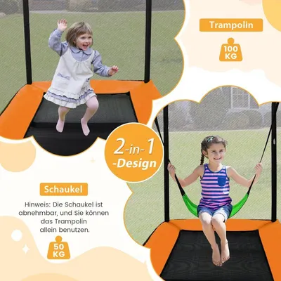Produktbild von 2 in 1 Kindertrampolin mit Schaukel & Sicherheitsnetz & Randabdeckung Orange