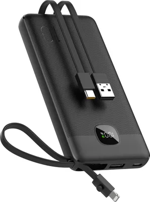 Produktbild von Powerbank 20.000 mAh mit integriertem USB-C-, USB-A- & Lightning-Kabel – Externer Akku mit Display und Schnellladefunktion – Schwarz / 10.000 mAh