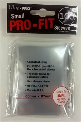 A package of Ultra Pro Small Pro-Fit Sleeves for gaming cards.