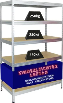 Produktbild von Schwerlastregal Rivet | HxBxT 180x120x60 cm | Fachlast 250kg | Innovatives Stecksystem | Verzinkt