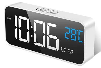 Digitalwecker mit Spiegeldisplay, Temperatur, Snooze, 2 Alarme, Weiß