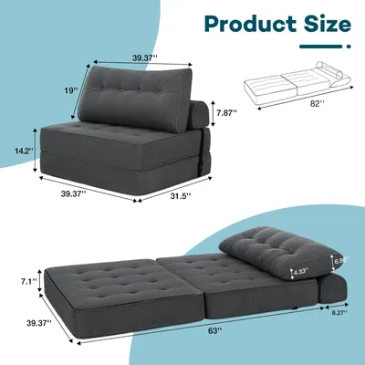 Zdjęcie produktu dla Sofa rozkładane 3 w 1 – sofa do spania / sofa podłogowa – pojedyncze siedzisko, które można przekształcić – nowoczesna tkanina – idealne do salonu – kolor: szary