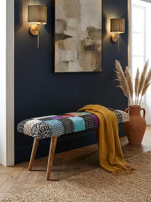 Produktbild von Sitzbank Samt / Massivholz Bank Bunt 117x51x38 cm Bettbank Patchwork, Design Polsterbank Flur Modern, Gepolsterte Stoffbank Esszimmer, Flurbank ohne Lehne