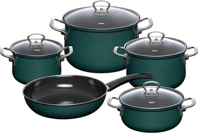 A set of teal cookware with glass lids and silver handles, arranged on a white background.