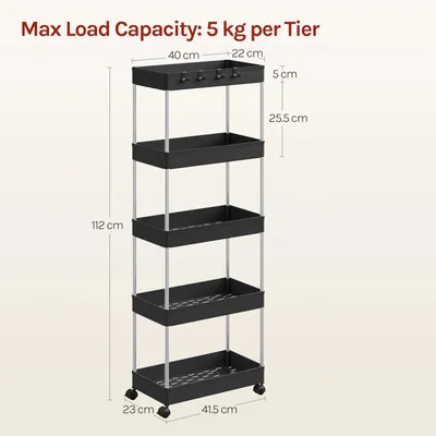 Produktbild von Küchenwagen - Servierwagen - 5 Ebenen - 360° Rollen - Schmal 22 cm - Kunststoff - Schwarz