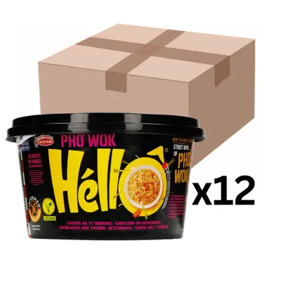 Produktbild von 12er-Pack Acecook Pho Wok Hello Instant Reisnudeln Zwiebel & Knoblauch Cup 76g