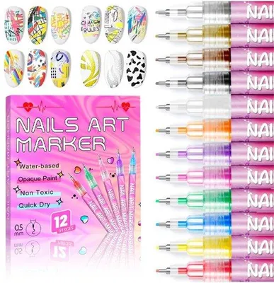 Produktbild von 12 Farben Nail Art Stifte - Nagelkunst-Stiftset - Nagelmarker - DIY Schnelltrocknende Dotting & Liner Pens - Nageldekoration - Nailart Zeichenstifte