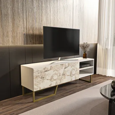 Image de Meuble TV Decorotika Denasse | Blanc et aspect marbre blanc