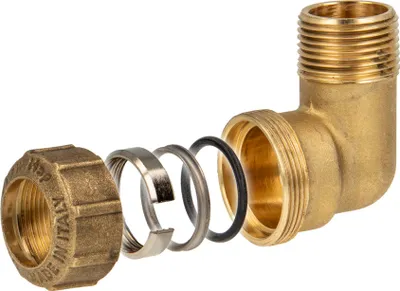 An exploded view of a brass pipe fitting, showing its individual components.
