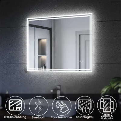 Immagine prodotto di SONNI specchio da bagno 60x80cm con interruttore a sfioramento LED e antiappannamento con funzione Bluetooth Entrambe le direzioni di montaggio Specchio da parete