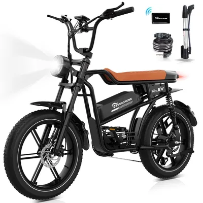A black electric bicycle with a brown seat is shown against a white background. Accessories like a lock, pump, and a card are displayed next to the bike.