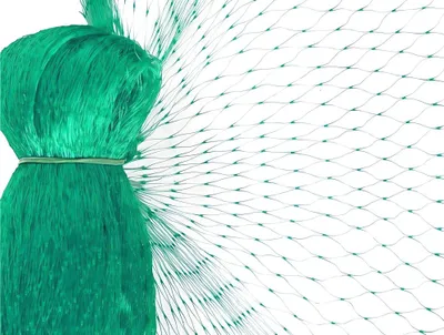 A close-up of a green bird net, bundled on the left and spread out on the right.