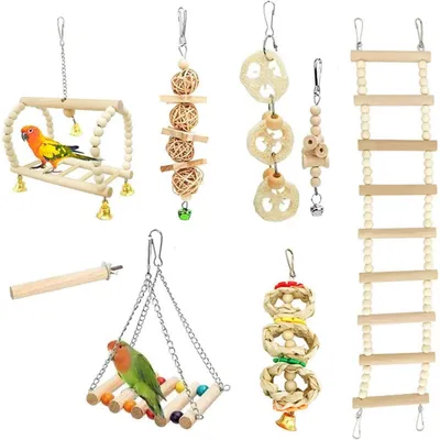 Image de Jeu de 8 jouets pour oiseaux en bois, avec clochettes, idéal pour les perruches et les petits animaux de compagnie