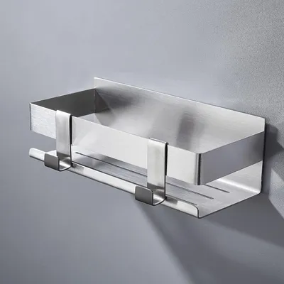 Productafbeelding van Doucheplank zonder boren, roestvrij staal, geborsteld, zelfklevend, zilverkleurig, 23x10x8 cm, met haken