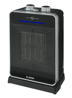 A black and silver Eurom Safe-t-Heater 2000 ceramic heater is shown on a white background.