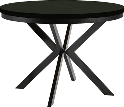 A black round dining table with a unique criss-cross metal base, shown from a slightly elevated angle against a white background.