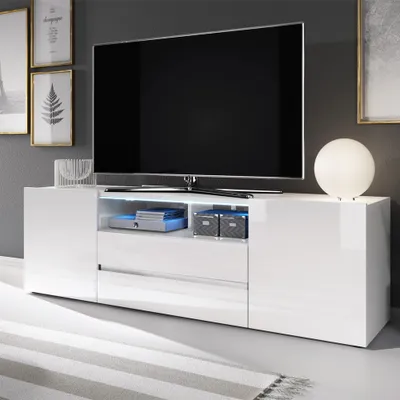 Produktbild von Nízký TV stolek Selsey BROS - TV stolek v bílém matu / bílém vysokém lesku s LED osvětlením, šířka 137 cm
