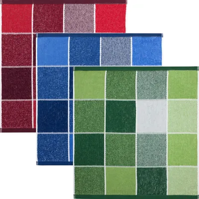Produktbild von Kracht Frottier-Geschirrtuch Blockkaro" 3er-Pack rot/blau/grün 50x50 cm"