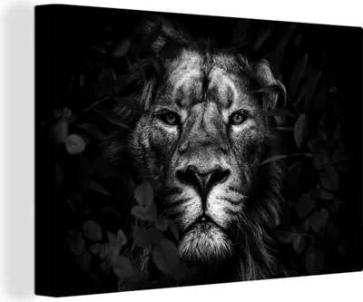 Produktbild von MuchoWow® - Leinwandbilder - Löwe zwischen den Blättern im Dschungel - schwarz und weiß, Wandbild, Wanddeko Bilder Wohnzimmer, 120x80cm