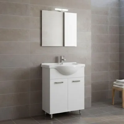 Produktbild von Badmöbel-Set Eve 64 cm – Weiß Hochglanz, 3-teilig mit Keramikwaschbecken & LED-Spiegel