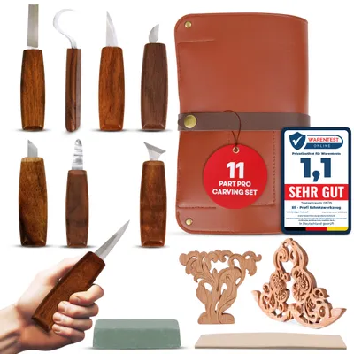 Immagine prodotto di Set di utensili professionali per intaglio Eli® con borsa e tracolla in pelle - manici in noce di qualità - acciaio inox - coltello per intaglio