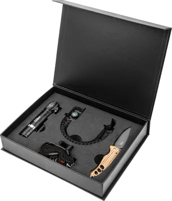Produktbild von NEO TOOLS SET: Taschenwerkzeug Klappmesser + Taschenlampe, elegante Geschenkbox, Sonderausgabe, für Camping, Wandern Überleben, Idee für ein Geschenk (63-033)